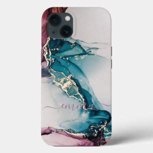Op maat gemaakte Teal Blauw Paarse Marmer Cell Pho iPhone 13 Hoesje
