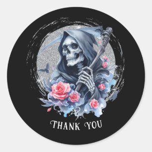 Op maat gemaakte tekst vintage grim reaper bloem g ronde sticker