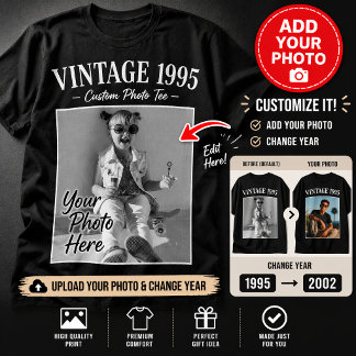 Op maat gemaakte vintage foto en jaar nostalgische t-shirt