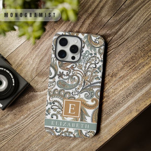 Op maat gemaakte witgoud grijsblauwe paisley iPhone 15 pro max hoesje