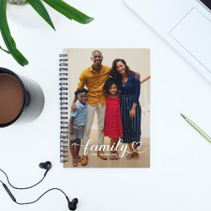 Op maat gemaakte witte scriptfamiliefoto notitieboek