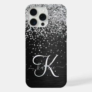 Op maat gemaakte zilver glitters zwarte glans mono iPhone 15 pro max hoesje