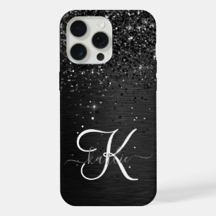 Op maat gemaakte zwarte glinsterende monogram iPhone 15 pro max hoesje