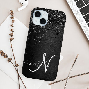 Op maat gemaakte zwarte glitters glitter monogram iPhone 15 hoesje