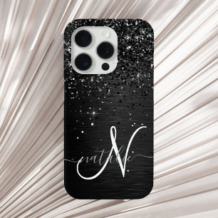 Op maat gemaakte zwarte glitters glitter monogram iPhone 15 pro hoesje