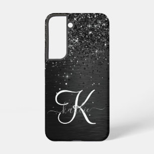 Op maat gemaakte zwarte glitters glitter monogram samsung galaxy hoesje