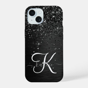 Op maat gemaakte zwarte glittersparkelmonogram iPhone 15 hoesje