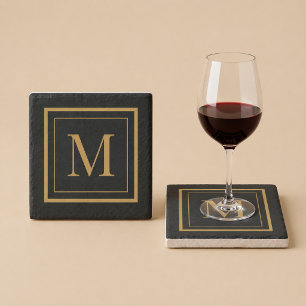 Op maat gemaakte zwarte & gouden omlijste monogram stenen onderzetter
