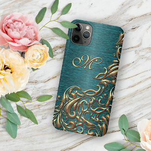 Op maat gouden damast bloempatroon turkoois blauw iPhone 11 pro max hoesje