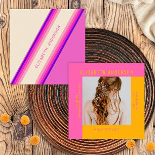 Op maat hete roze oranje retro strepen 70s, 80s vierkante visitekaartje