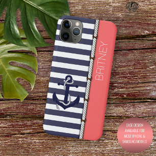Op maat Navy Donkerblauw Wit Blush Roze Strepen iPhone 15 Pro Max Hoesje