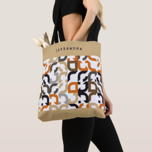 Op maat zwart bruin beige oranje retro art patroon draagtas