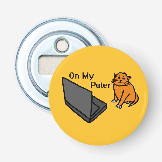 Op Mijn Computer Grappige Computer Oranje Kat Meme Button Flesopener (Voorkant)