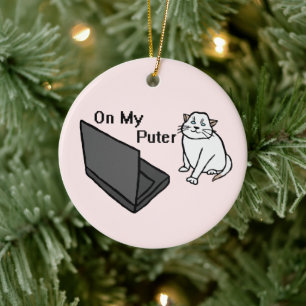 Op Mijn Computer Grappige Witte Kat Meme Keramisch Ornament