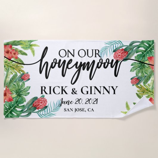 Op onze huwelijksreis - Gepersonaliseerde huwelijk Strandlaken (Voorkant)