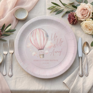 Op Op en Weg! Roze Heet Luchtballon Baby Borrel Papieren Bordje