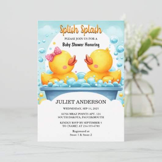 Op Speelgoed Pool Foam Bash Twin Rubber Duck Baby Kaart (Staand voorkant)