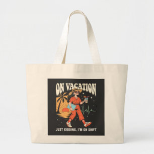 Op vakantie, grapje, ik ben aan het werk Retro ver Grote Tote Bag