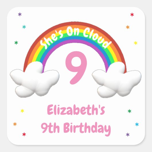 Op Wolk 9! Rainbow Birthday Vierkante Sticker (Voorkant)