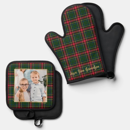Opa Christmas Plaid Custom Gold Familiefoto Ovenwant & Pannenlap Set (Voorkant / Achterkant)