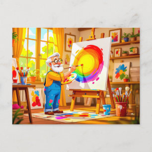 Opa die creatief op canvas schildert feestdagenkaart