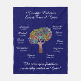 Opa Tree floral, White on Blue, 10 namen/data Fleece Deken