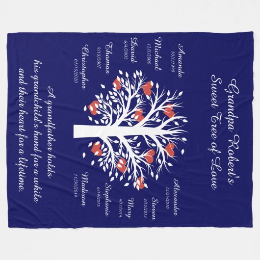 Opa Tree (harten), Wit/Blauw 10 Namen & Datums Fleece Deken (Voorkant (Horizontaal))