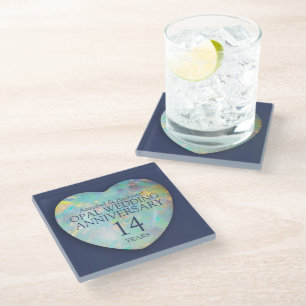 Opal 14e trouwdag jubileum hart glas glazen onderzetter