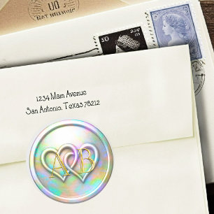 Opalescent Goud Twee Hartjes Goud Monogram Ronde Sticker