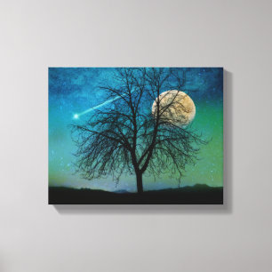 Opalescent Sky, boom, oogstmaan, vallende ster Canvas Afdruk