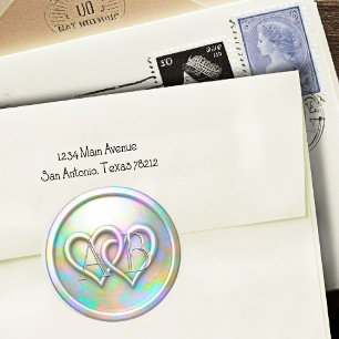 Opalescent Twee Hartjes Zilveren Monogram Ronde Sticker