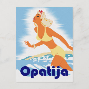 Opatia, meisje op het strand, oud reisje briefkaart