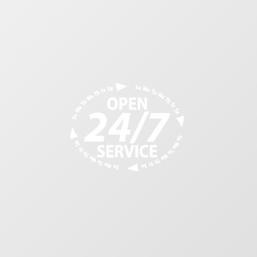Open 24/7 Service-uren Tijd Wit Transparant Raamsticker (Vel)
