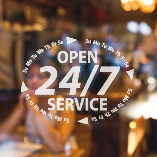 Open 24/7 Service-uren Tijd Wit Transparant Raamsticker