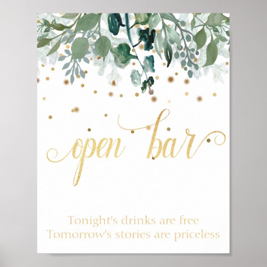 Open Bar Botanische Greenery Gold Wedding Poster (Voorkant)