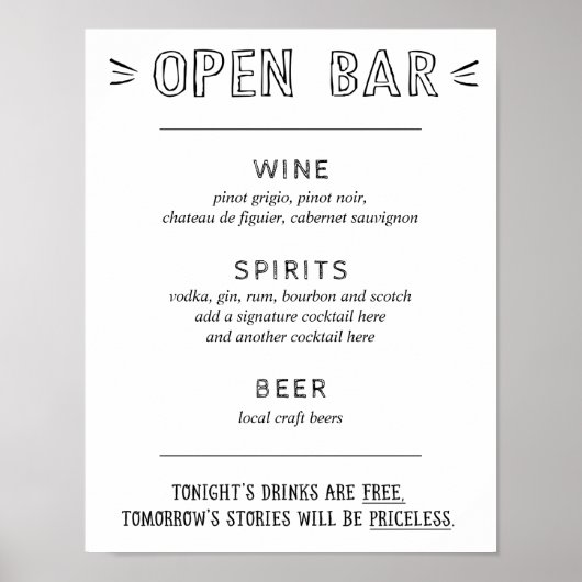 Open Bar | Bruiloft Bar Menu Bord Poster (Voorkant)