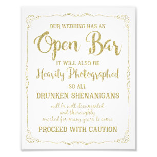 Open bar bruiloft goudglitter, bruiloft poster