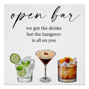 Open bar leuke bruiloft waterverf cocktails perfect poster