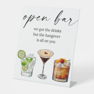 Open bar leuke bruiloft waterverf cocktails reclamebord met voetstuk