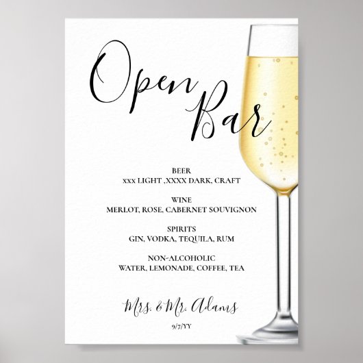 Open bar Menu mariage panneau Poster (Devant)