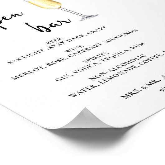 Open bar Menu mariage panneau Poster (Coin)