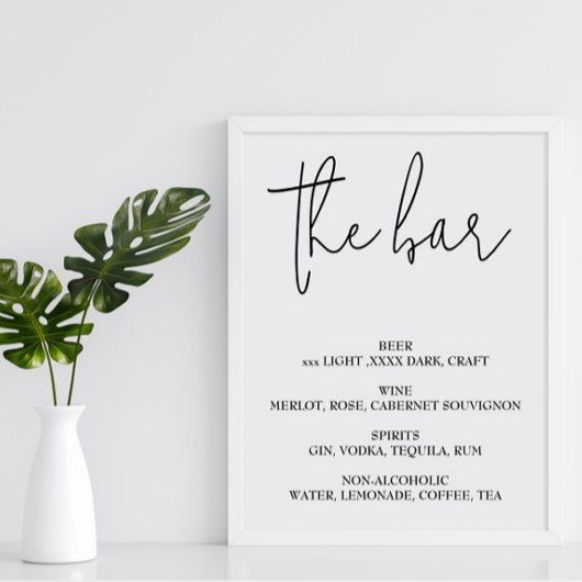 Open bar Menu mariage panneau Poster