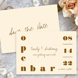 Open Bar Oversized Typography Vintage Crème Brons Save The Date