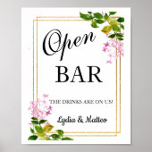 Open Bar Pink Floral mariage signe affiche 8x10 (Devant)