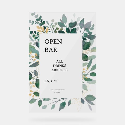 Open Bar Sign Gold et cadre feuille vert (Recto)