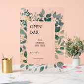 Open Bar Sign Gold et cadre feuille vert (Mariage)