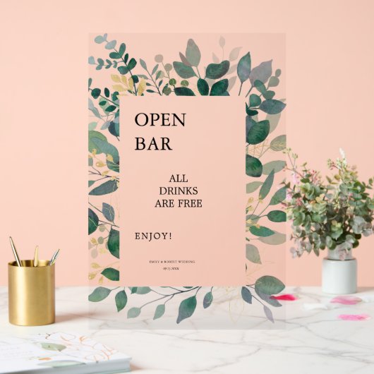 Open Bar Sign Gold et cadre feuille vert (Mariage)