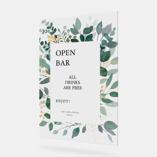 Open Bar Sign Gold et cadre feuille vert (Angle)
