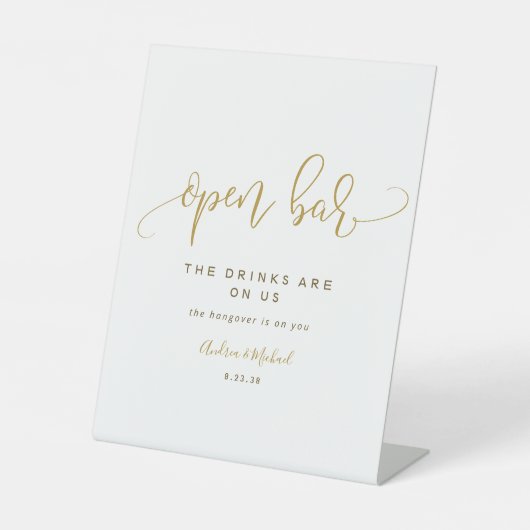Open Bar Weddenschap Swirly Calligraphy Gold Reclamebord Met Voetstuk (Voorkant)