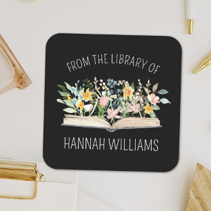 Open boek bloemen uit de bibliotheek van Bookplate Vierkante Sticker